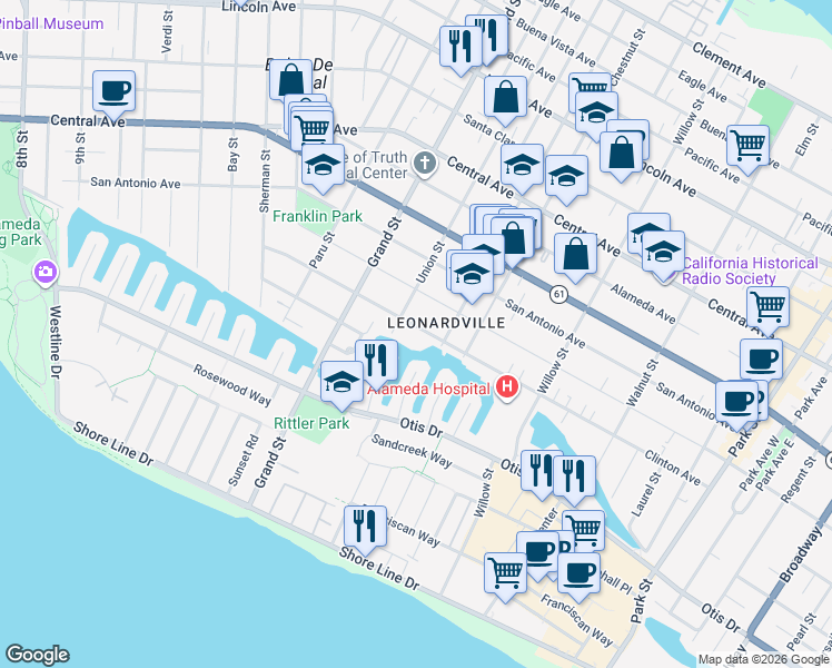 map of restaurants, bars, coffee shops, grocery stores, and more near 1814 Clinton Avenue in Alameda