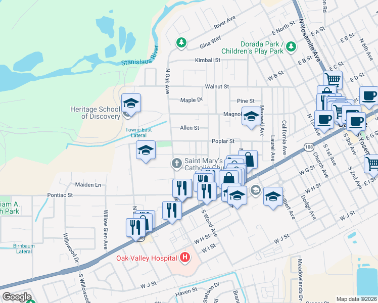map of restaurants, bars, coffee shops, grocery stores, and more near 1210 Pleasanton Place in Oakdale