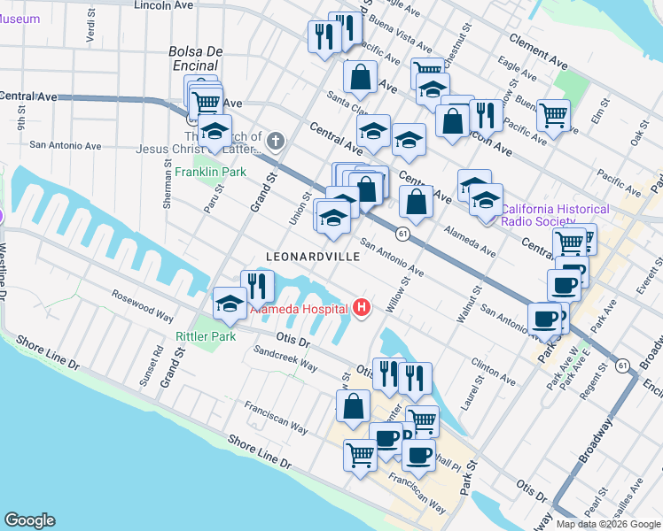 map of restaurants, bars, coffee shops, grocery stores, and more near 917 Chestnut Street in Alameda