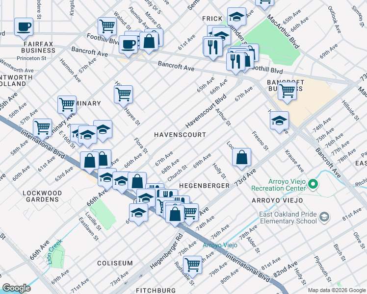 map of restaurants, bars, coffee shops, grocery stores, and more near in Oakland