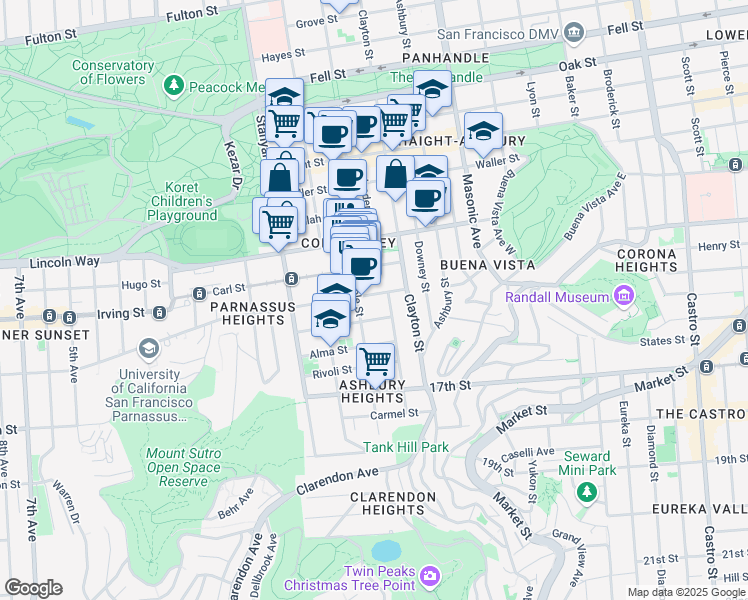 map of restaurants, bars, coffee shops, grocery stores, and more near 71 Parnassus Avenue in San Francisco