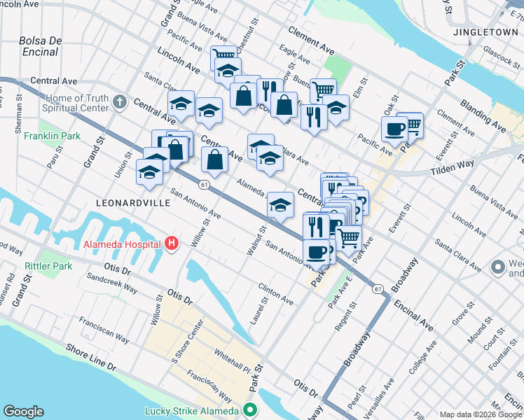 map of restaurants, bars, coffee shops, grocery stores, and more near 2157 Encinal Avenue in Alameda