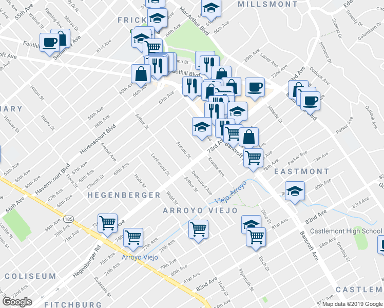 map of restaurants, bars, coffee shops, grocery stores, and more near 7109 Krause Avenue in Oakland