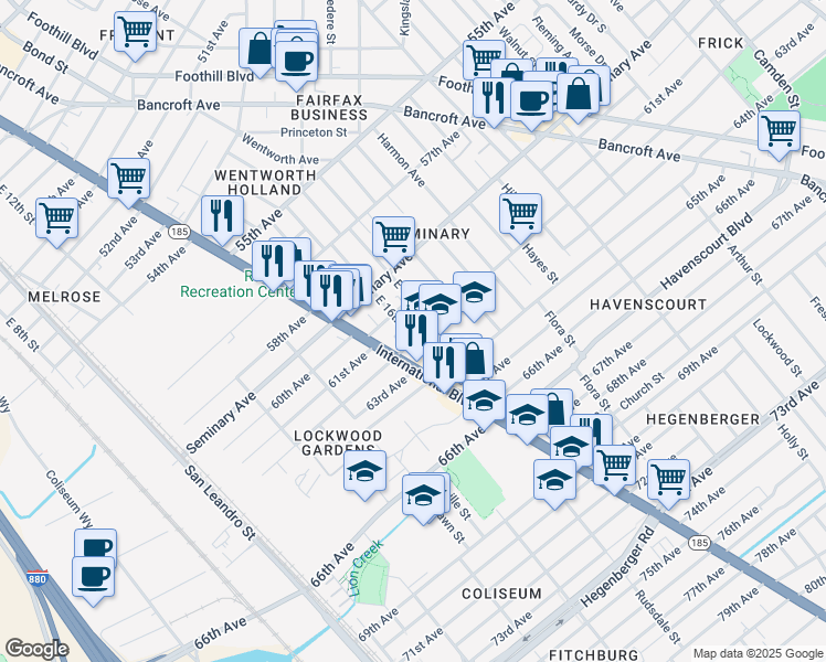 map of restaurants, bars, coffee shops, grocery stores, and more near 6124 East 17th Street in Oakland