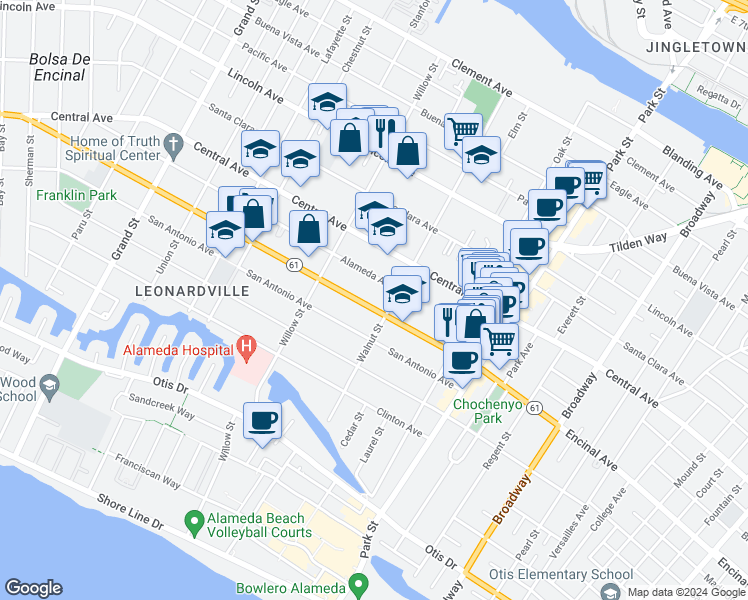 map of restaurants, bars, coffee shops, grocery stores, and more near 2152 Alameda Avenue in Alameda