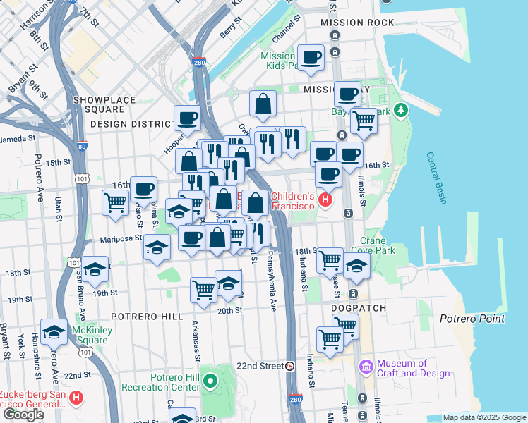 map of restaurants, bars, coffee shops, grocery stores, and more near 98 Pennsylvania Avenue in San Francisco