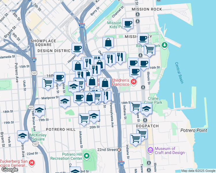 map of restaurants, bars, coffee shops, grocery stores, and more near 98 Pennsylvania Avenue in San Francisco