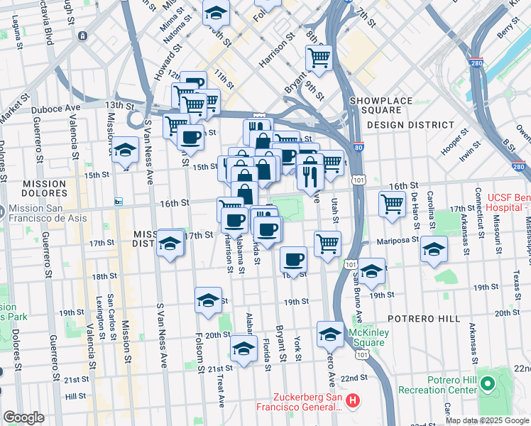 map of restaurants, bars, coffee shops, grocery stores, and more near 2401 16th Street in San Francisco