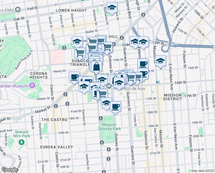 map of restaurants, bars, coffee shops, grocery stores, and more near 240 Dolores Street in San Francisco