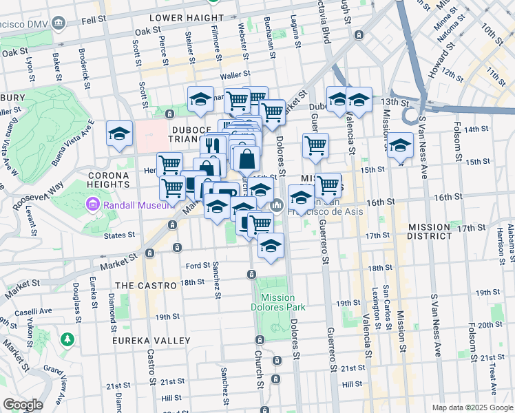 map of restaurants, bars, coffee shops, grocery stores, and more near 345 Church Street in San Francisco