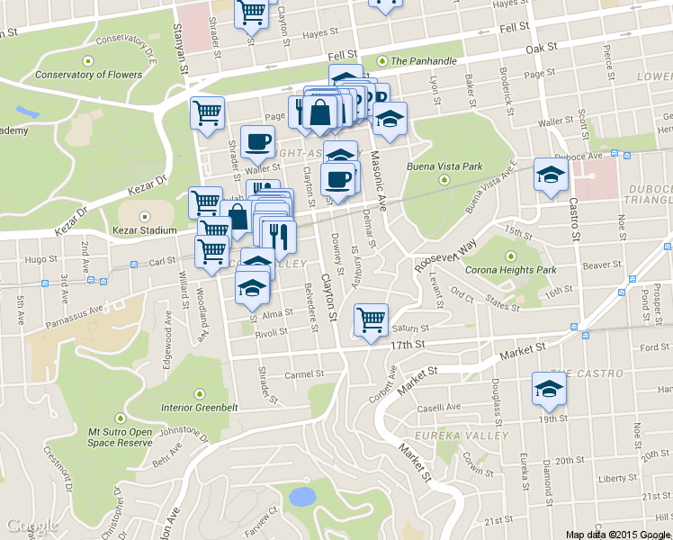 map of restaurants, bars, coffee shops, grocery stores, and more near 905 Ashbury Street in San Francisco