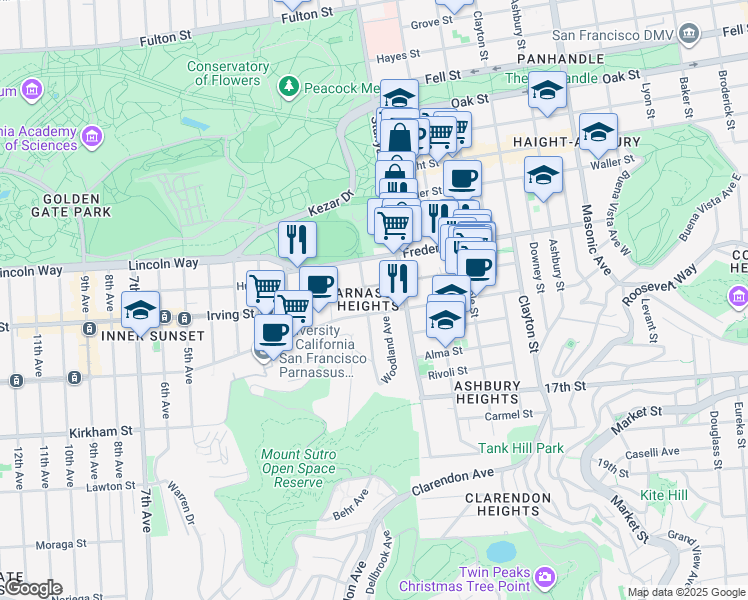 map of restaurants, bars, coffee shops, grocery stores, and more near 274 Carl Street in San Francisco