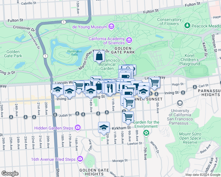 map of restaurants, bars, coffee shops, grocery stores, and more near 1019 Lincoln Way in San Francisco