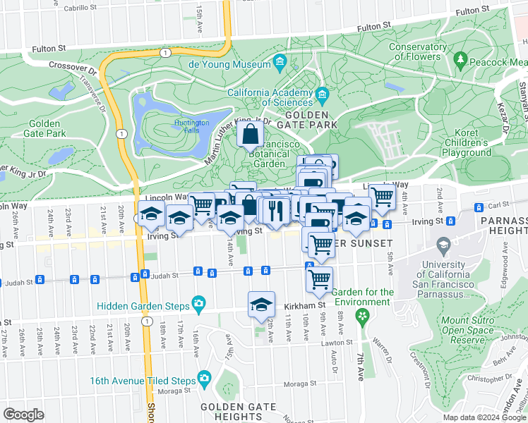 map of restaurants, bars, coffee shops, grocery stores, and more near 1019 Lincoln Way in San Francisco