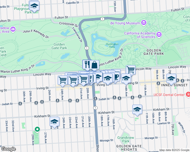map of restaurants, bars, coffee shops, grocery stores, and more near 1717 Lincoln Way in San Francisco