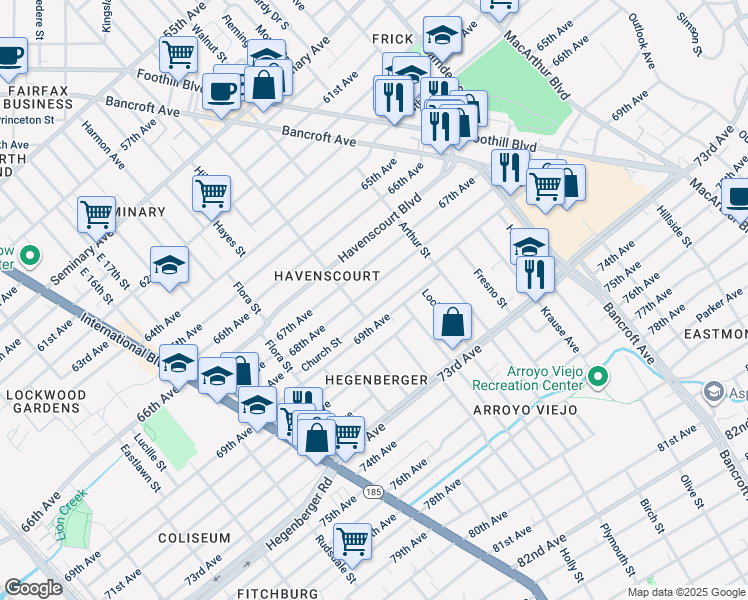 map of restaurants, bars, coffee shops, grocery stores, and more near 2031 Church Street in Oakland