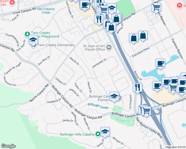 map of restaurants, bars, coffee shops, grocery stores, and more near 499 Santander Drive in San Ramon