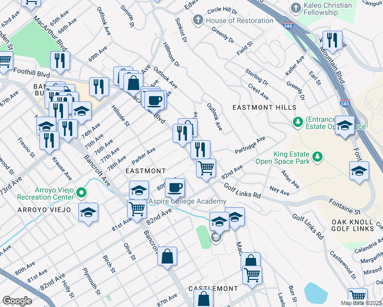 map of restaurants, bars, coffee shops, grocery stores, and more near 7929 Ney Avenue in Oakland