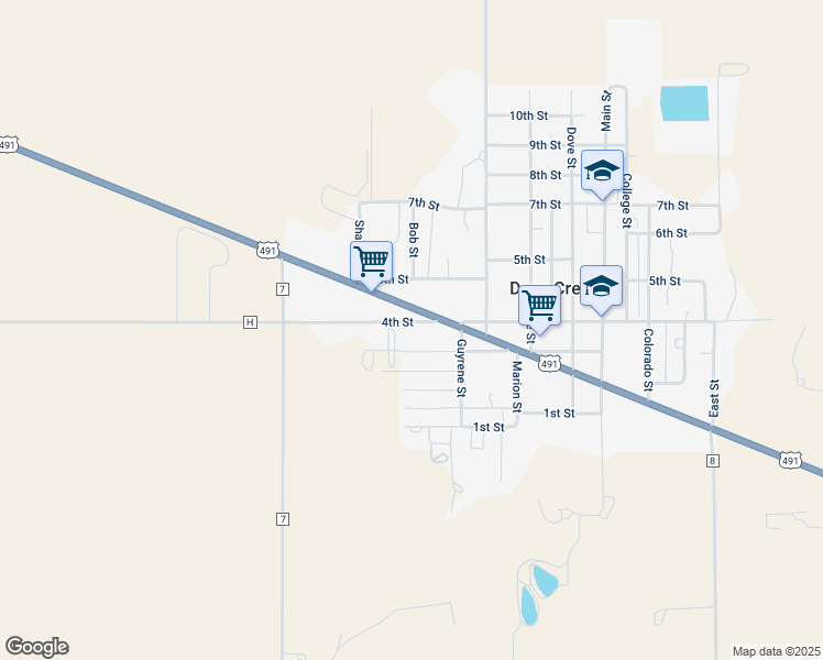 map of restaurants, bars, coffee shops, grocery stores, and more near 7319-7643 U.S. 491 in Dove Creek