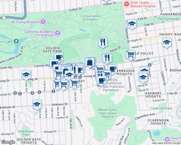 map of restaurants, bars, coffee shops, grocery stores, and more near 1242 3rd Avenue in San Francisco