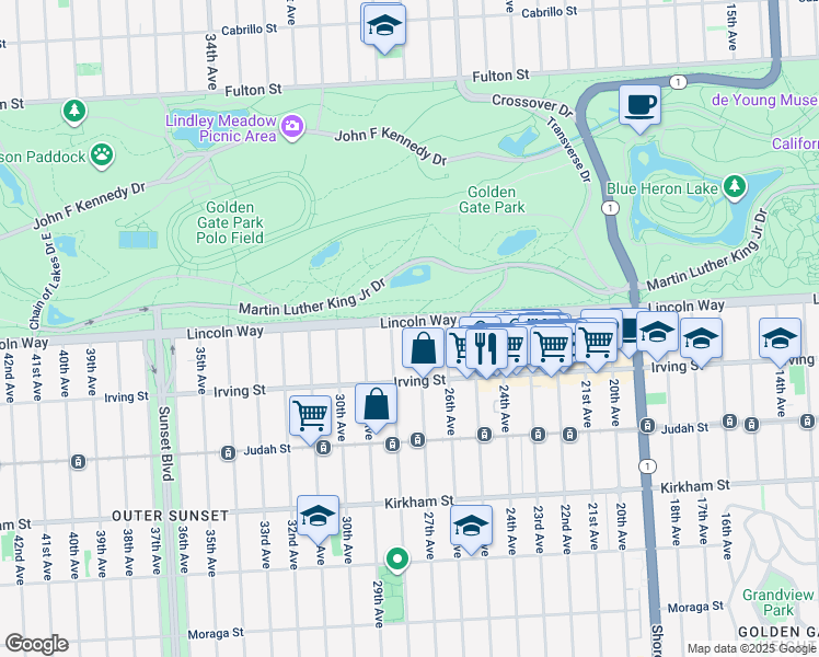 map of restaurants, bars, coffee shops, grocery stores, and more near 2 Lincoln Way in San Francisco