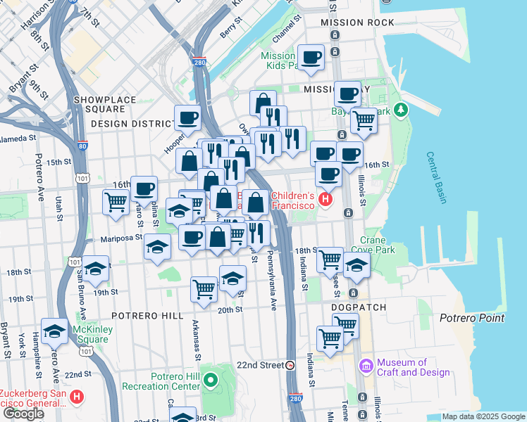 map of restaurants, bars, coffee shops, grocery stores, and more near 98 Pennsylvania Avenue in San Francisco