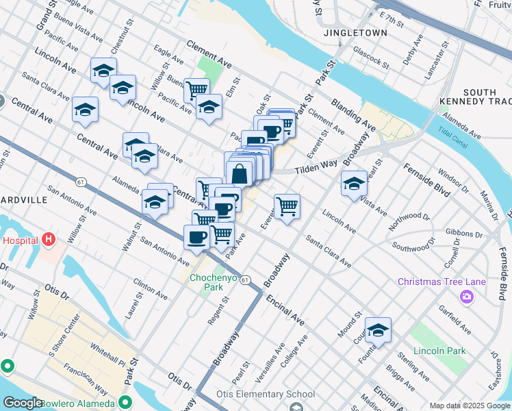 map of restaurants, bars, coffee shops, grocery stores, and more near 2420 Santa Clara Avenue in Alameda