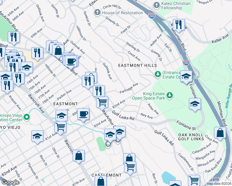 map of restaurants, bars, coffee shops, grocery stores, and more near 3000 Partridge Avenue in Oakland