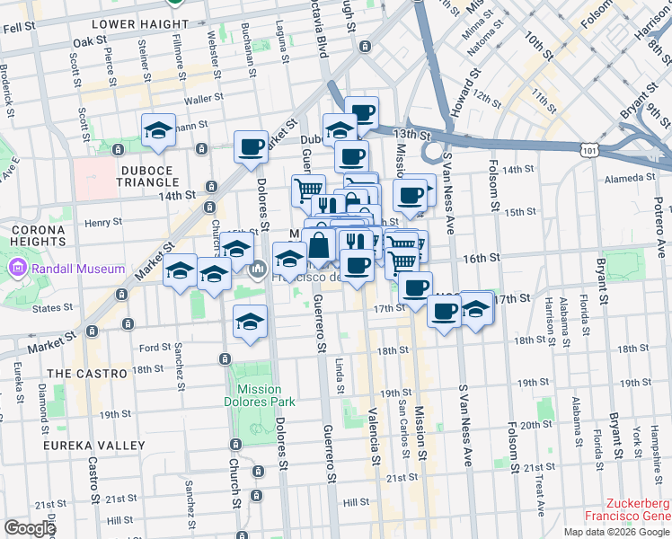 map of restaurants, bars, coffee shops, grocery stores, and more near 16th St & Albion St in San Francisco