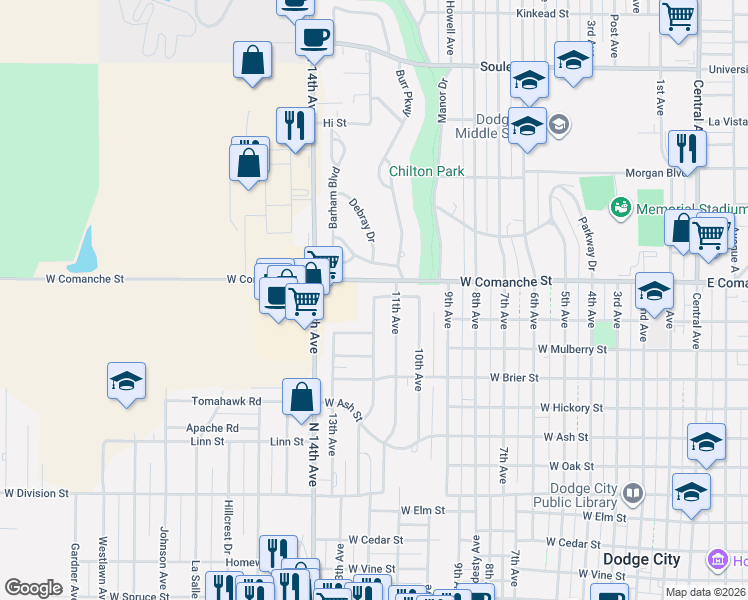 map of restaurants, bars, coffee shops, grocery stores, and more near 1799 12th Ave in Dodge City