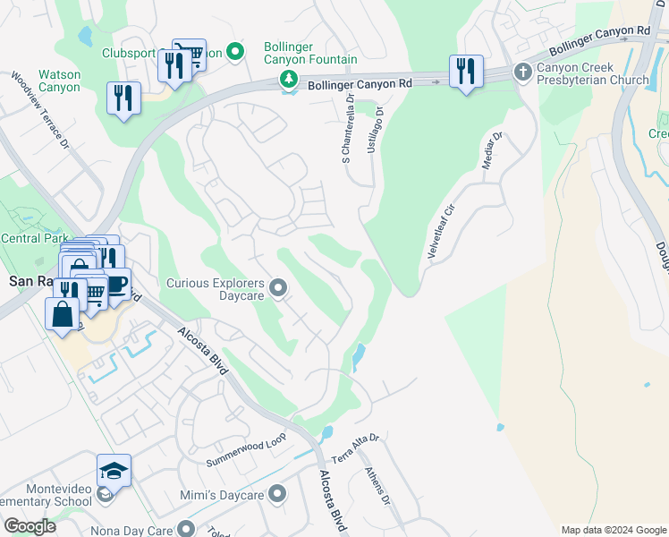 map of restaurants, bars, coffee shops, grocery stores, and more near 1312 Canyon Side Avenue in San Ramon
