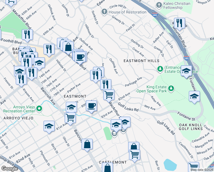 map of restaurants, bars, coffee shops, grocery stores, and more near 7929 Ney Avenue in Oakland