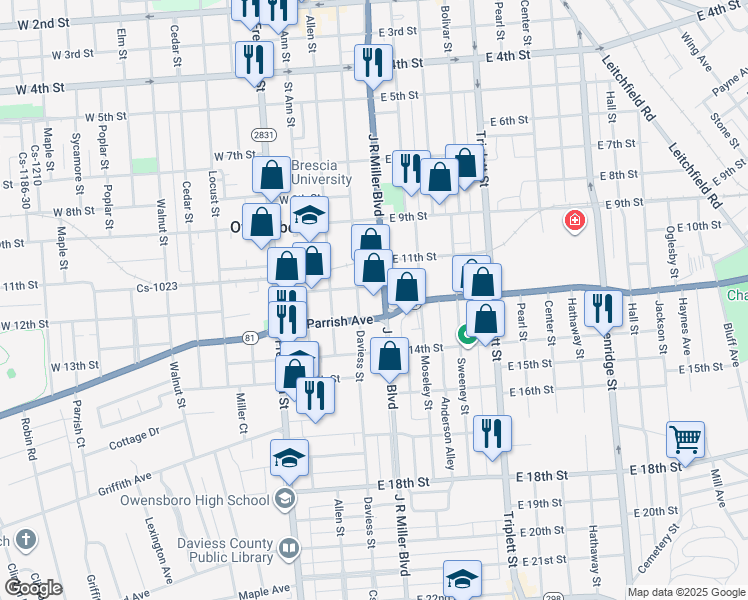 map of restaurants, bars, coffee shops, grocery stores, and more near 1101-1199 J R Miller Boulevard in Owensboro
