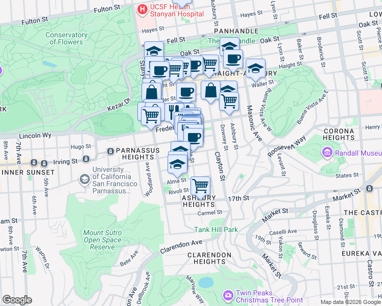 map of restaurants, bars, coffee shops, grocery stores, and more near Cole Street & Parnassus Avenue in San Francisco