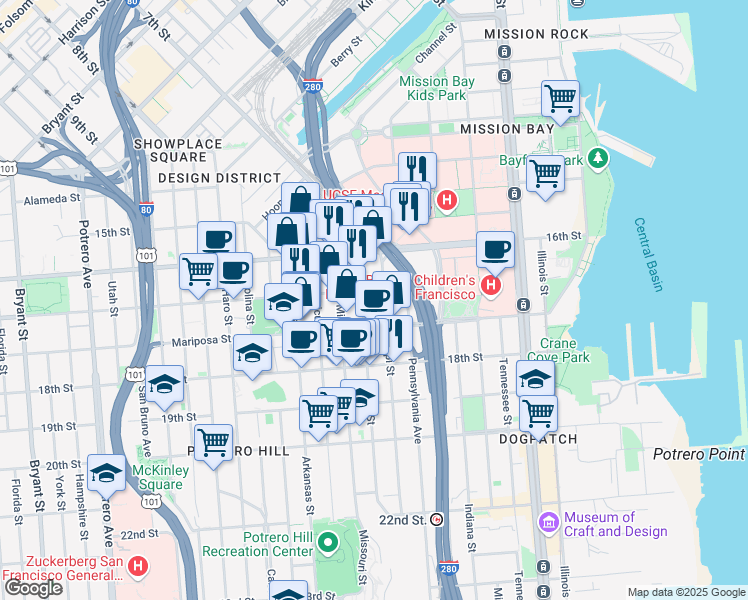 map of restaurants, bars, coffee shops, grocery stores, and more near 1210 17th Street in San Francisco