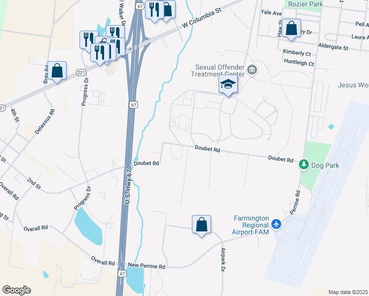map of restaurants, bars, coffee shops, grocery stores, and more near 1601 Doubet Lane in Farmington