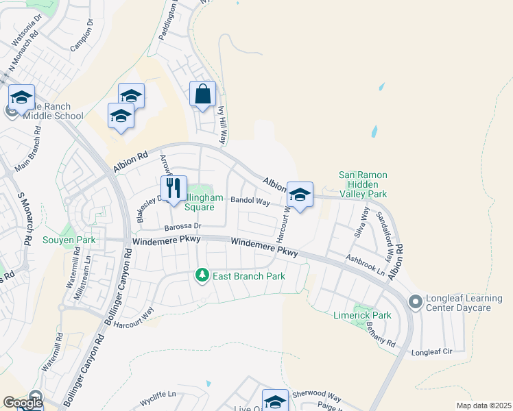 map of restaurants, bars, coffee shops, grocery stores, and more near 852 Bandol Way in San Ramon