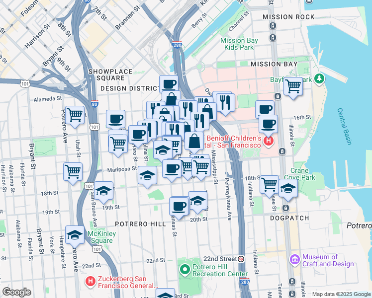 map of restaurants, bars, coffee shops, grocery stores, and more near 1300 17th Street in San Francisco