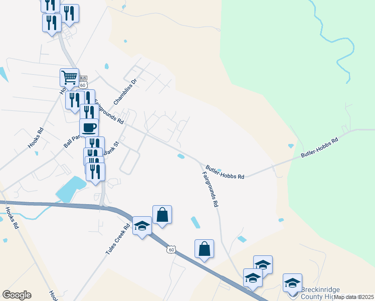map of restaurants, bars, coffee shops, grocery stores, and more near 1131-1137 Fairgrounds Road in Hardinsburg
