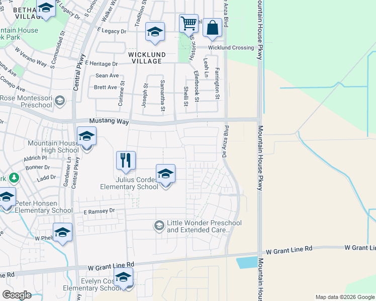 map of restaurants, bars, coffee shops, grocery stores, and more near 435 Albertina Avenue in Mountain House
