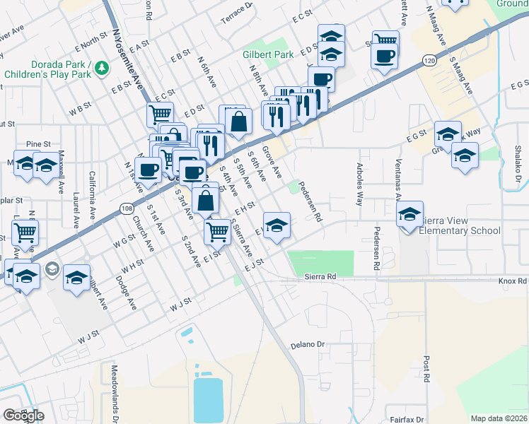 map of restaurants, bars, coffee shops, grocery stores, and more near 532 East H Street in Oakdale