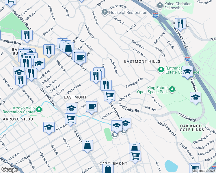 map of restaurants, bars, coffee shops, grocery stores, and more near 7929 Ney Avenue in Oakland