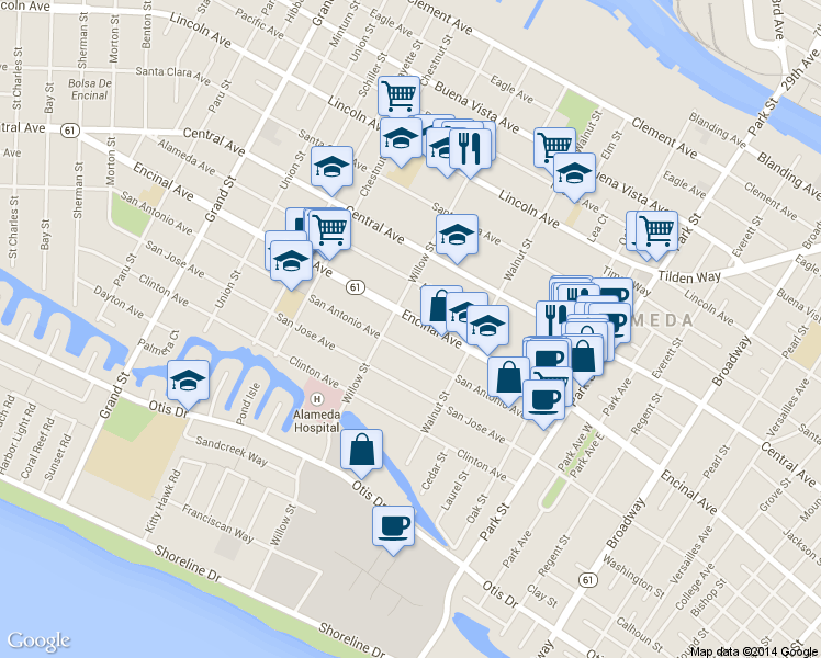 map of restaurants, bars, coffee shops, grocery stores, and more near 2121 Encinal Avenue in Alameda