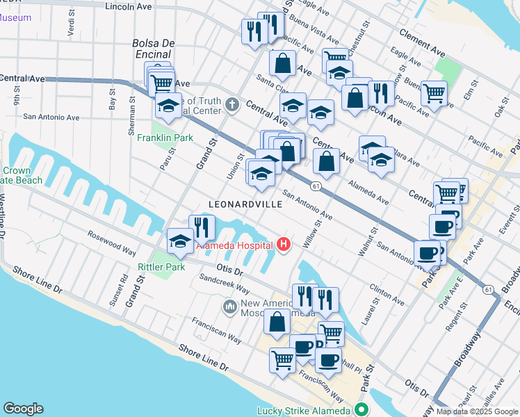 map of restaurants, bars, coffee shops, grocery stores, and more near 1835 San Jose Avenue in Alameda