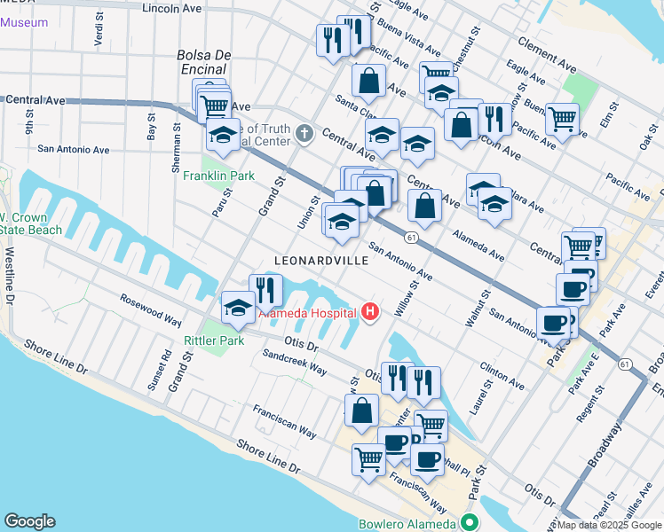 map of restaurants, bars, coffee shops, grocery stores, and more near 1835 San Jose Avenue in Alameda