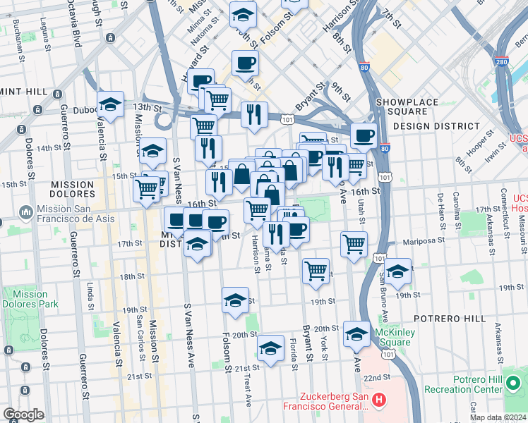 map of restaurants, bars, coffee shops, grocery stores, and more near 2525 16th Street in San Francisco