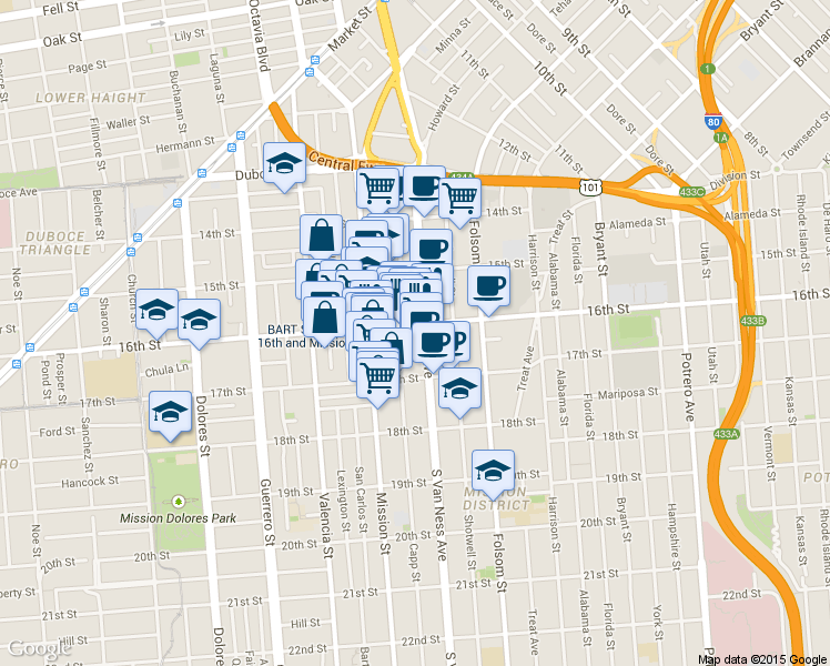 map of restaurants, bars, coffee shops, grocery stores, and more near 25 Adair Street in San Francisco