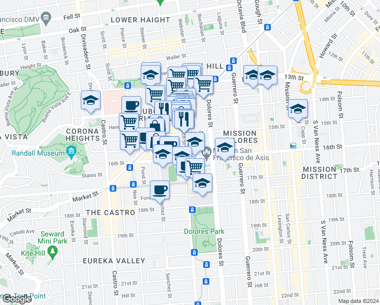 map of restaurants, bars, coffee shops, grocery stores, and more near 345 Church Street in San Francisco