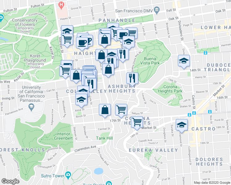 map of restaurants, bars, coffee shops, grocery stores, and more near 905 Ashbury Street in San Francisco