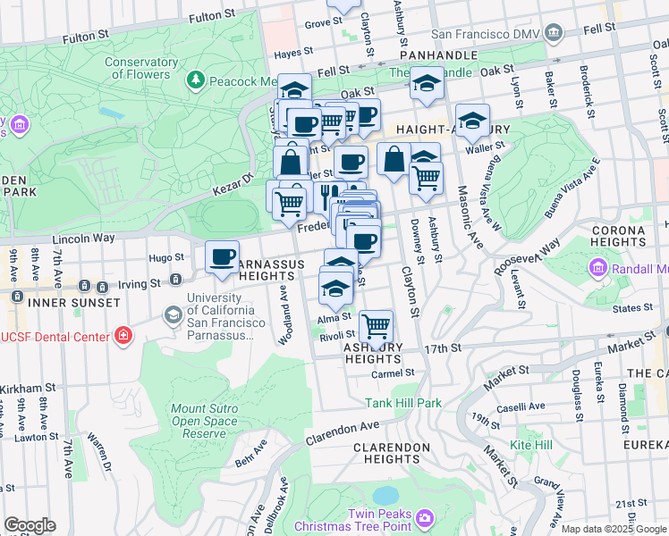 map of restaurants, bars, coffee shops, grocery stores, and more near 135 Carl Street in San Francisco